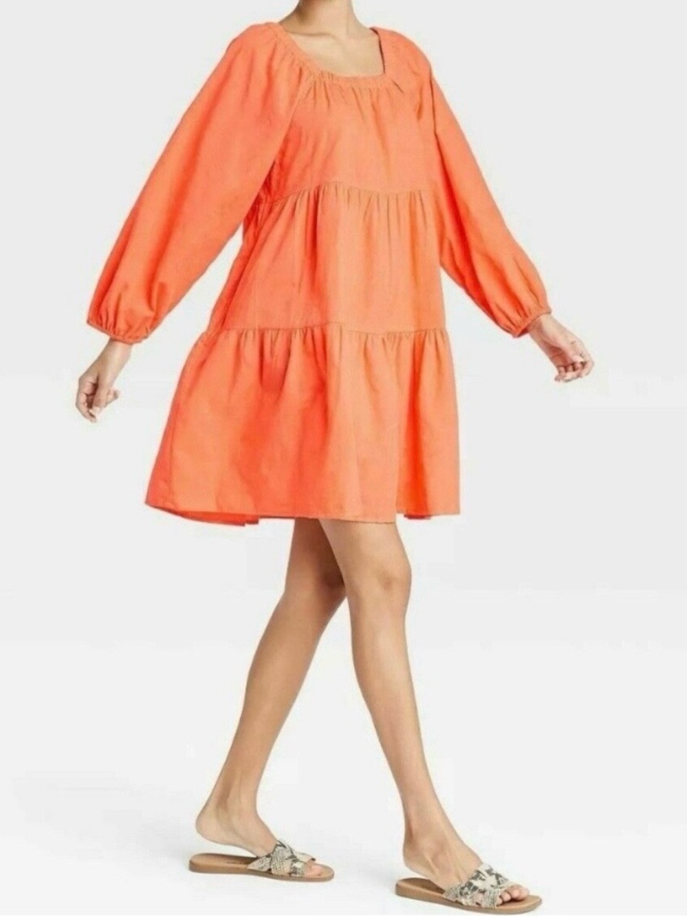 Boho Cottagecore Tiered Babydoll Dress Coral Long Sleeve Square Neck Mini Sz M